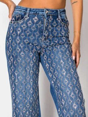 Embellished Diamond Drip Blue Denim Jeans